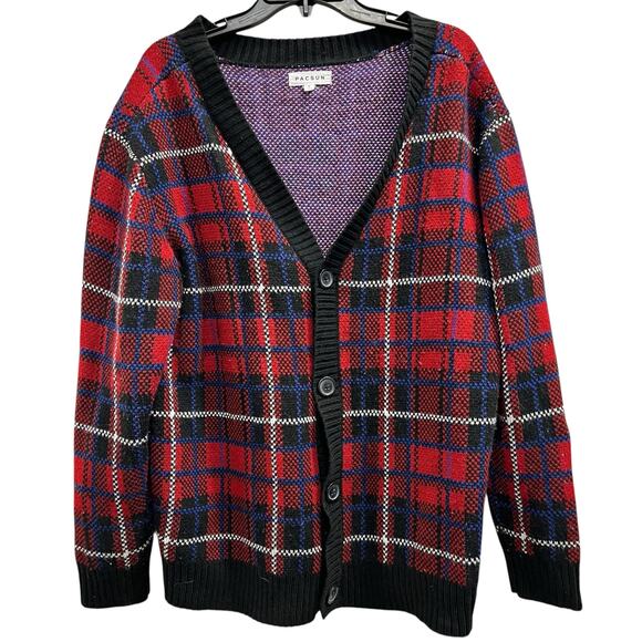PACSUN Red tartan plaid oversized cardigan sweater sz S - Picture 1 of 5